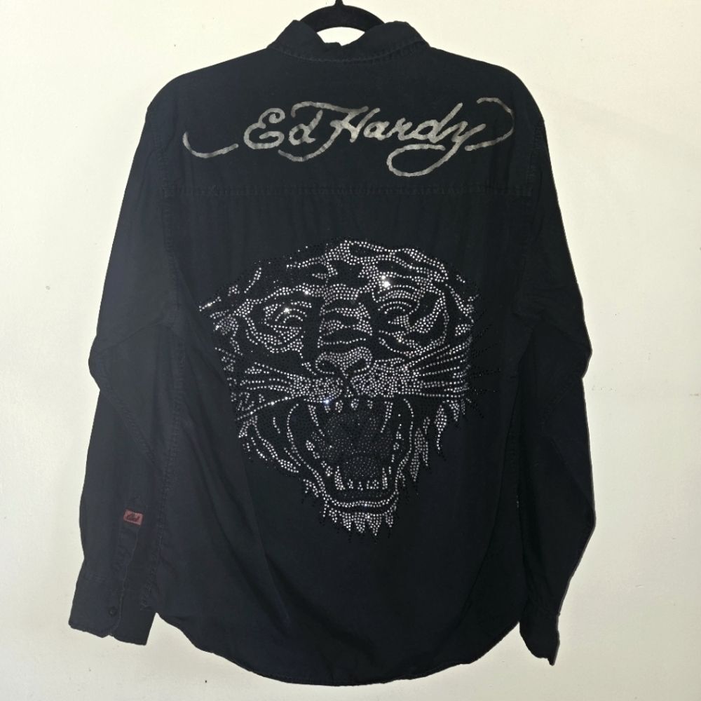 Ed Hardy Christian Audigier Rhinestone Tiger Button Up Shirt Black Men's L Y2K